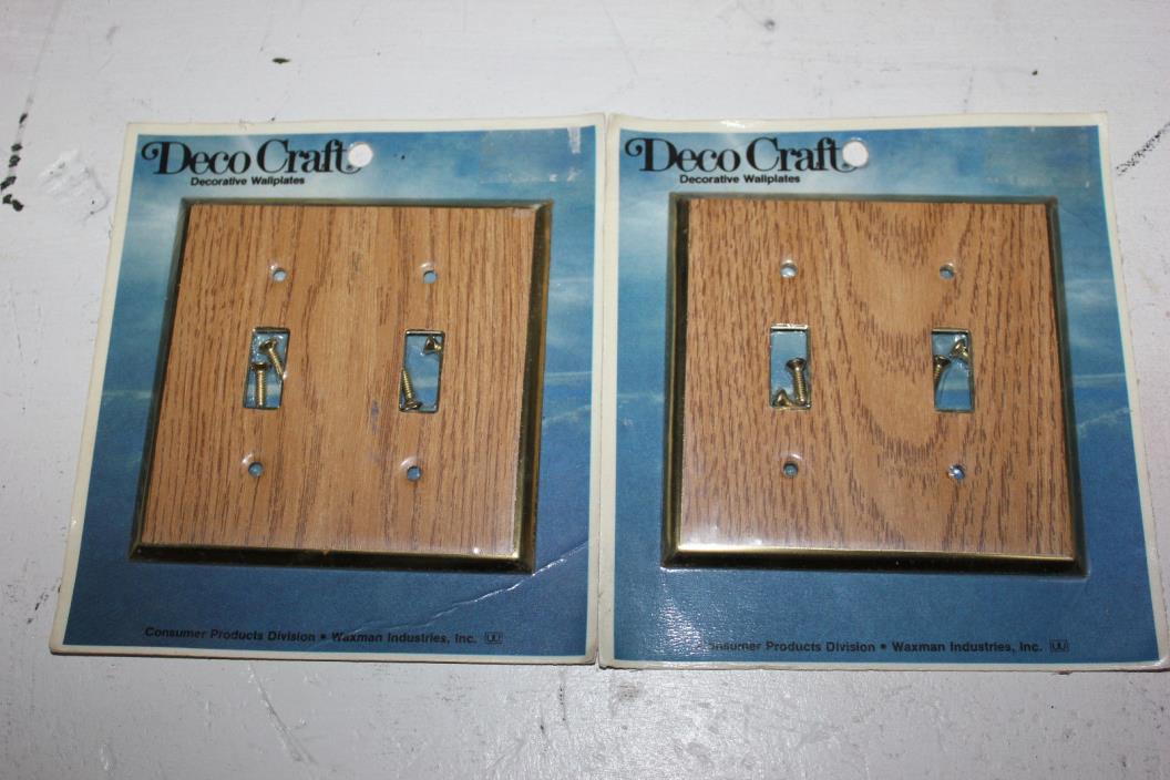 2 Vintage Faux Wood Metal Deco Craft Double Light Switch Plate New Old Stock