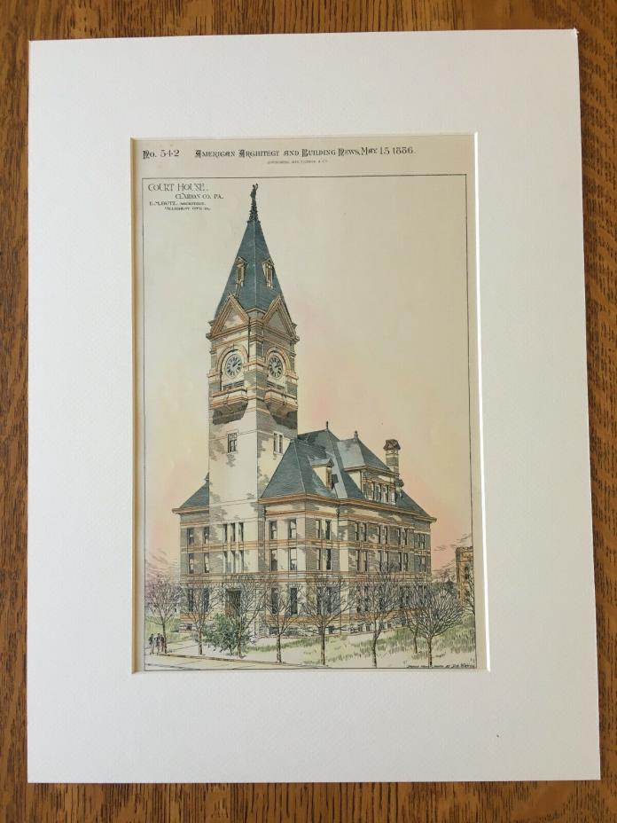 Court House, Clarion, PA, 1886, E M Butz, Original Hand Colored