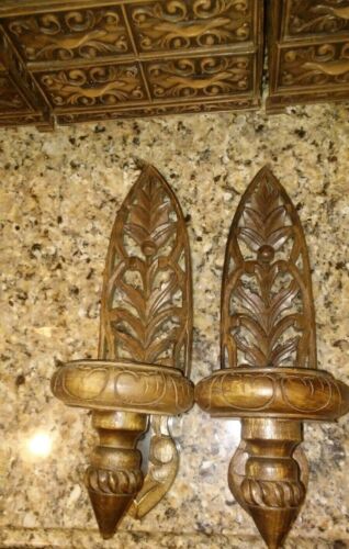 VINTAGE Carved GOTHIC WOOD BRANCH SCONCES Candle Holders WALL CANDELABRAS 14