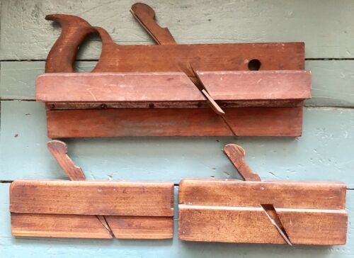 LOT 3 Antique Wood Wooden Craftsman Molding Planes 2 with Original Iron Wedge