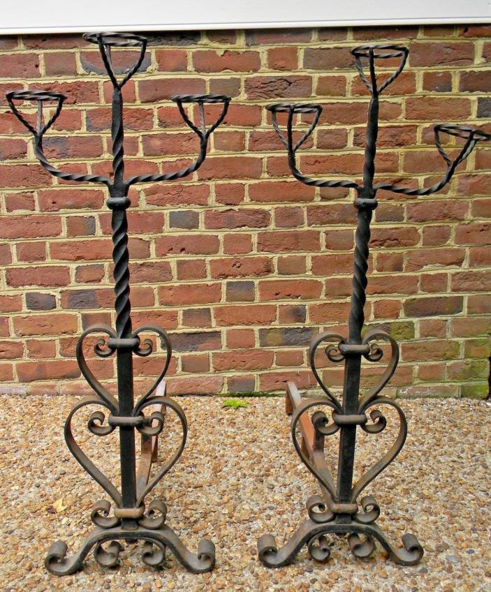 Antique Hand Wrought Iron Andirons with Warming Cups