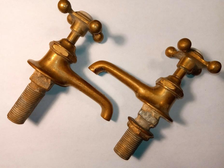 Antique Pair Separate Hot & Cold Cross Handle Brass Porcelain Sink Bath Faucets