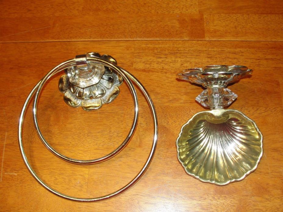Vintage Lot Brass/Gold Bathroom Fixtures Soap Dish & Towel Bar (Ring) Crystal