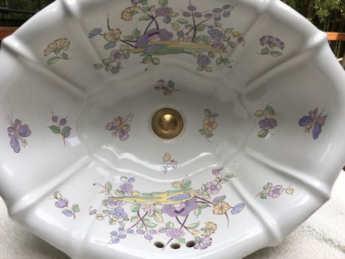 Sherle Wagner Italy Vintage Porcelain Floral w/ Butterflies Sink w/ Faucets