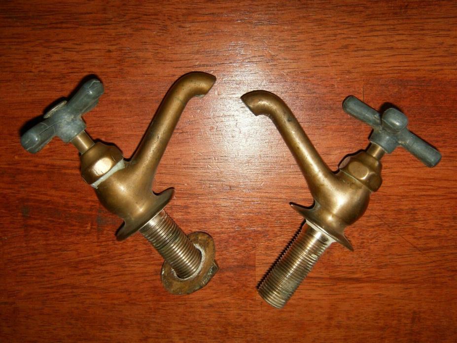 Pair of Antique Water Brass Faucets Vintage Bathroom Fixture