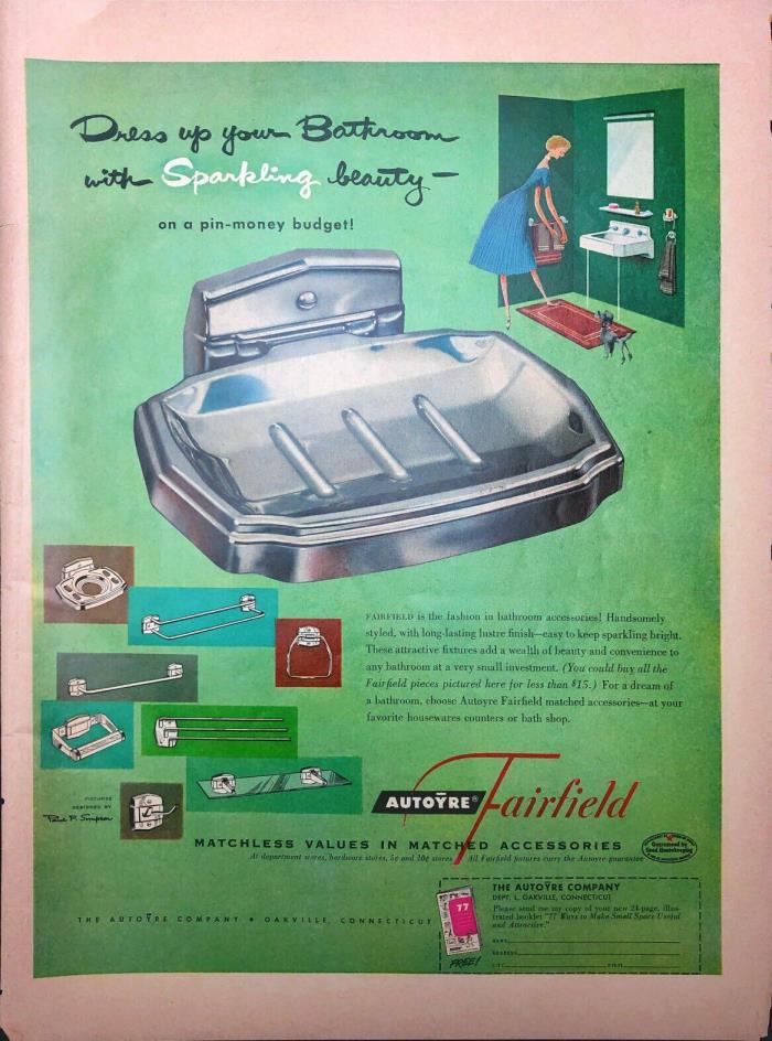 Vintage 1952 Autoyre Fairfield Bathroom Accessories Retro 50s Bathroom Print AD