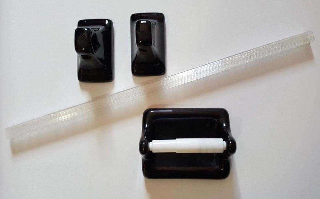 Vintage Glossy BLACK & LUCITE Toilet Paper Towel Bar Ceramic Tile Bathroom Set