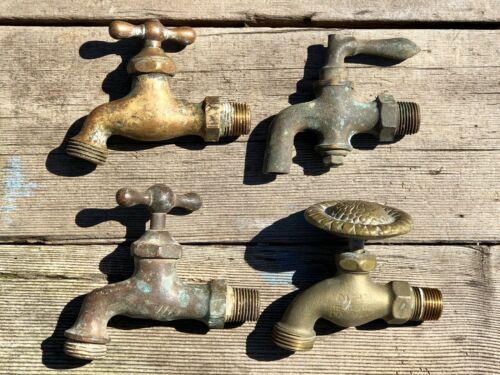 4 Vintage Brass Water Garden Faucet Spigots—1 Flower Handle