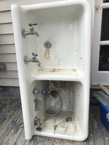 Antique Cast Iron & Porcelain Double Deep/Shallow Farm Sink