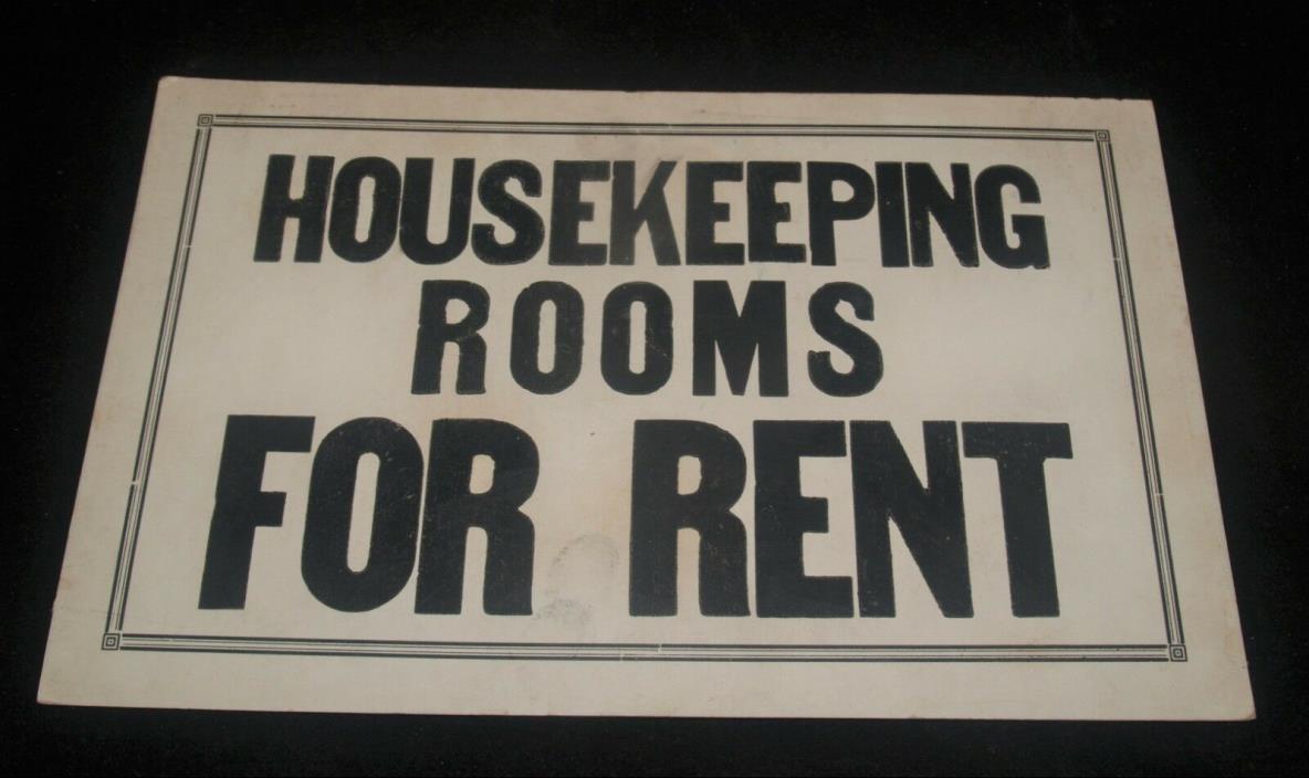 ANTIQUE BLACK AND WHITE WINDOW CARD ADVERTISING SIGN HOUSEKEEPING ROOMS FOR RENT