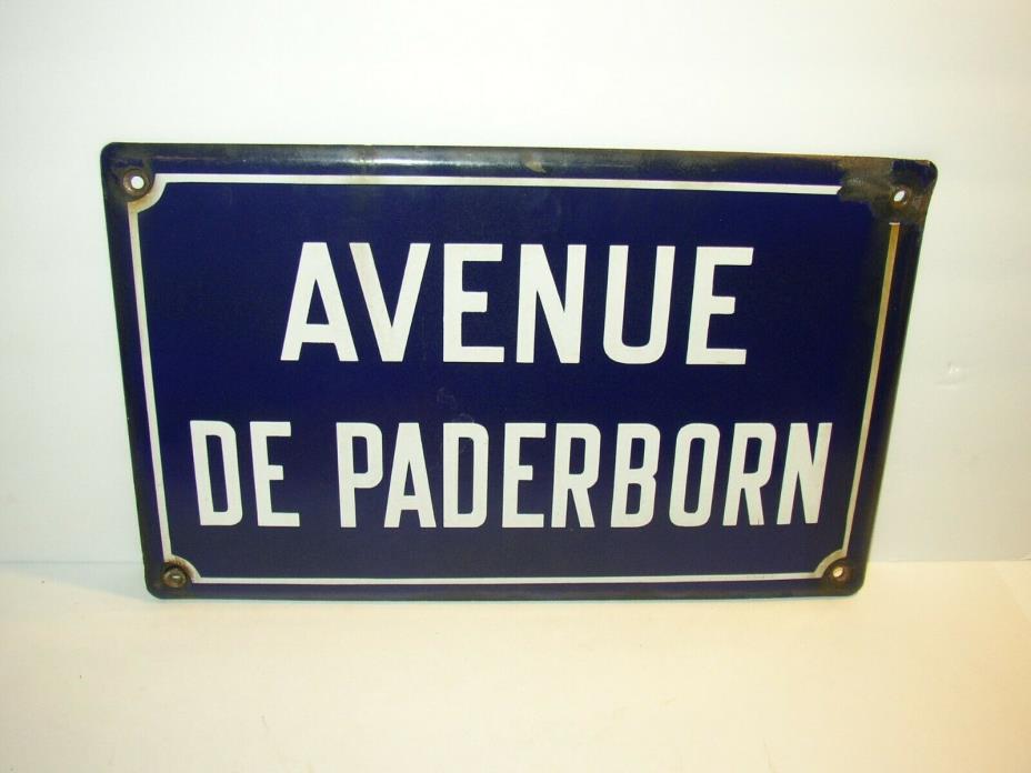 Vintage Enamel Metal French Street Sign Avenue De Paderborn France blue