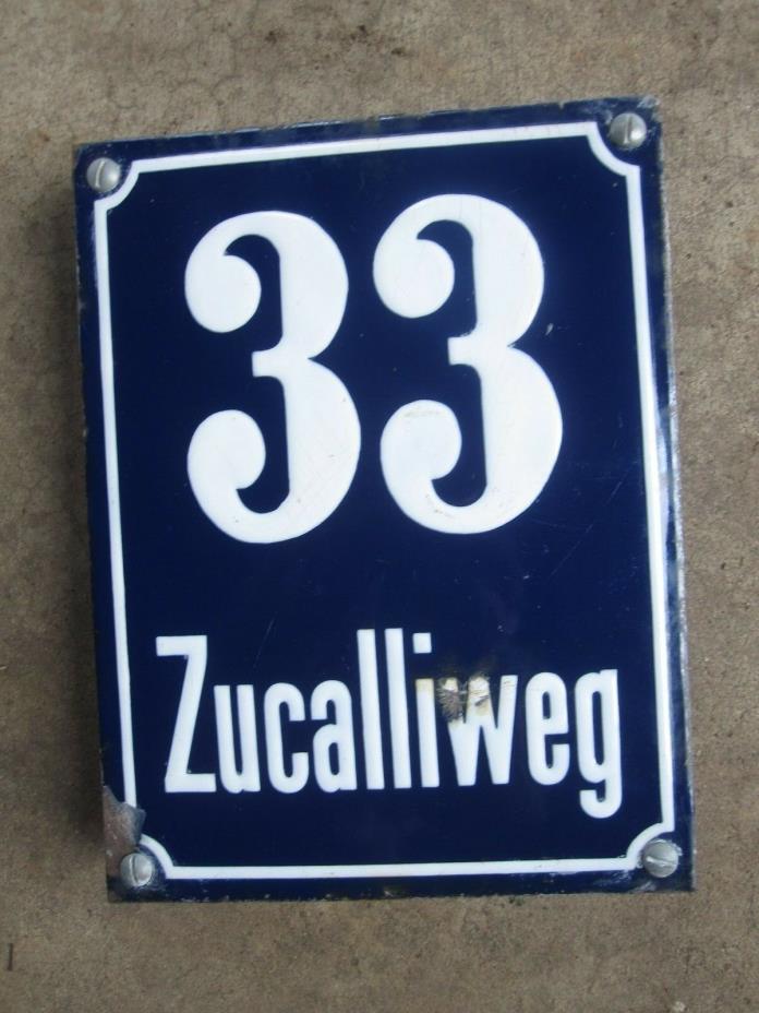 Antique German or Swiss House Number 33 Zucalliweg Blue Enamel porcelain Steel.