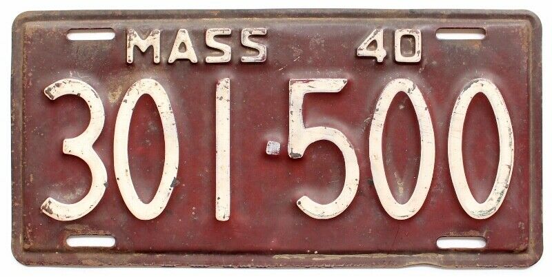 Massachusetts 1940 License Plate, 301-500, Antique, Garage Sign