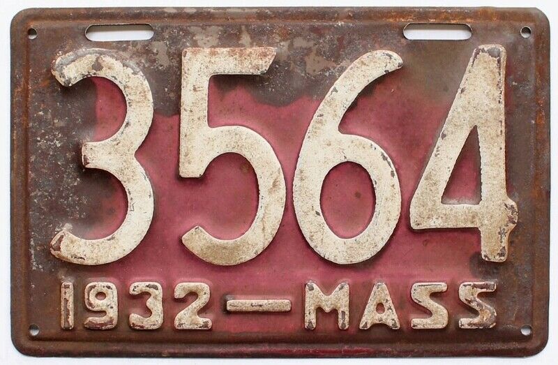 Massachusetts 1932 4-Digit Shorty License Plate, 3564, Low Number, Antique