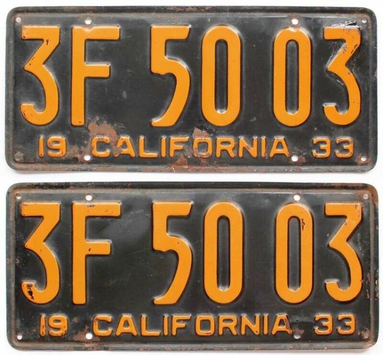 California 1933 License Plate Pair, 3F 50 03, DMV Clear, Original Paint