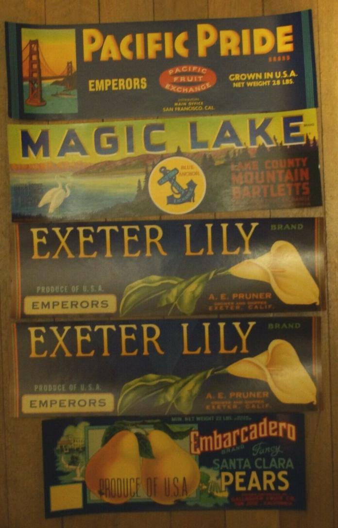 EMBARCADERO 5 Vintage Pear Crate Labels, Magic Lake, Pacific Pride, Exeter Lily