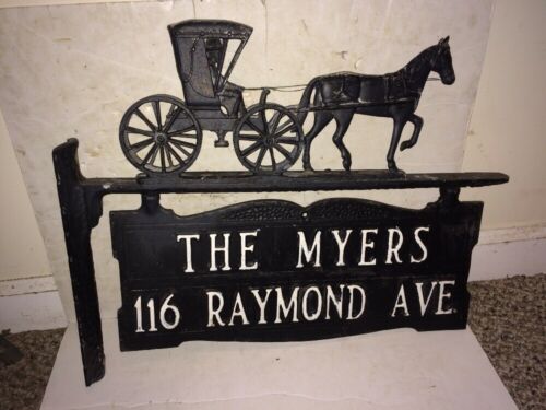 Vintage 50's/60's Cast Aluminum Horse Amish Buggy Cart House Number Pole Sign