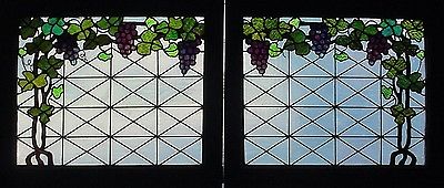 Pr. Antique American Floral Stained Glass Windows w/ Grapes and Vines