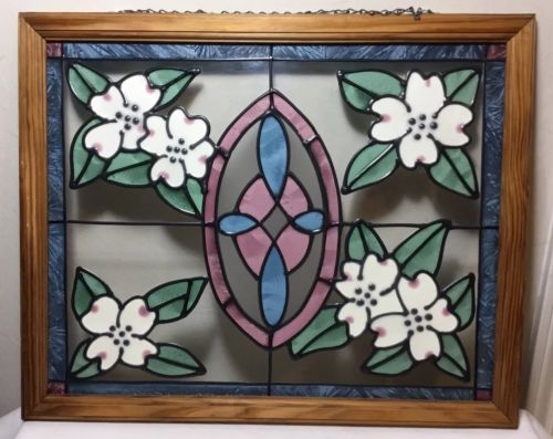 Beautiful Stained Glass Woos Framed Floral Design Window Panel 21.75” x 17.75”