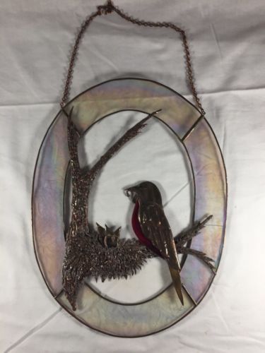 Vintage Suncatcher Stained Glass And Metal Bird Nest Sun Catcher Hanging