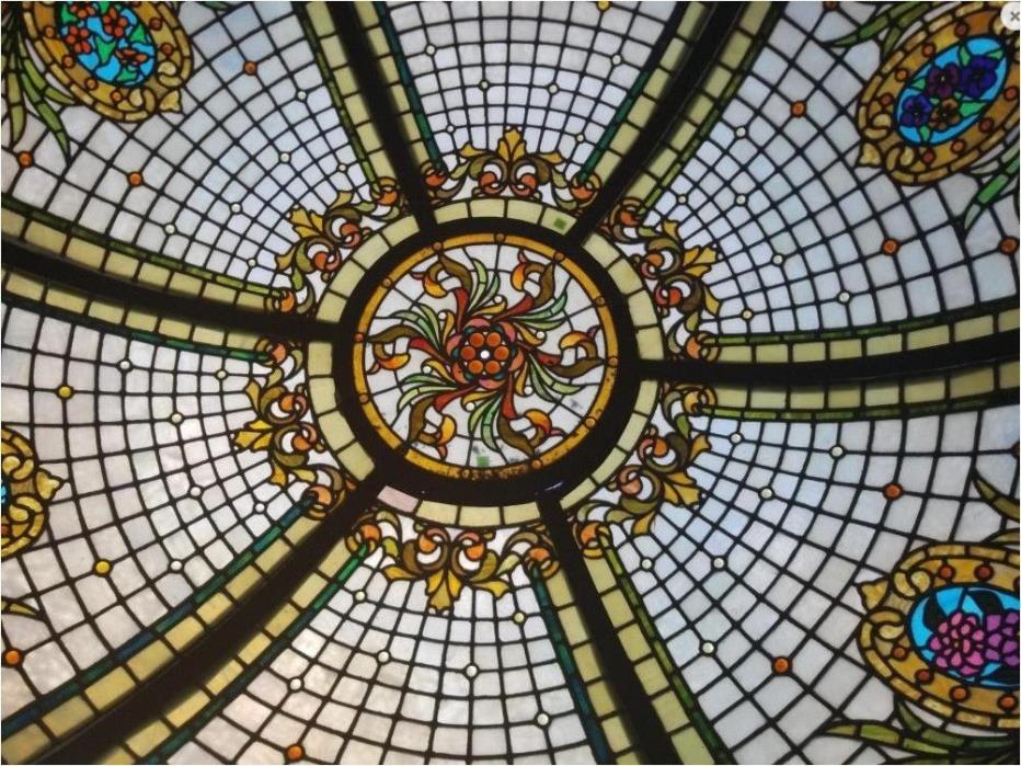 VICTORIAN FLORAL STAINED GLASS ROUND DOME SKYLIGHT
