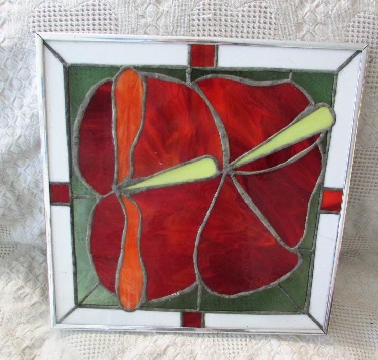 Vintage Stained Glass Leaded Panel Of Poppy Flower, Framed, Estate Find