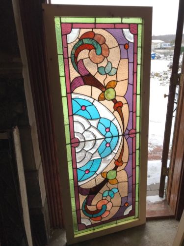 Sg 2653 antique stain jeweled beveled transom window 26.25 x 64.75