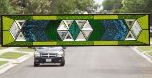 • Blue -Green Transom /Sidelight • Beveled Stained Glass Window Panel • 36”x8”