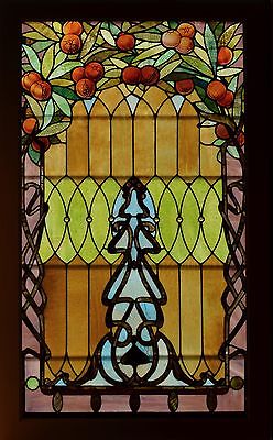 Antique American Stained & Jeweled Glass Landing Window w/ Pomegrantes