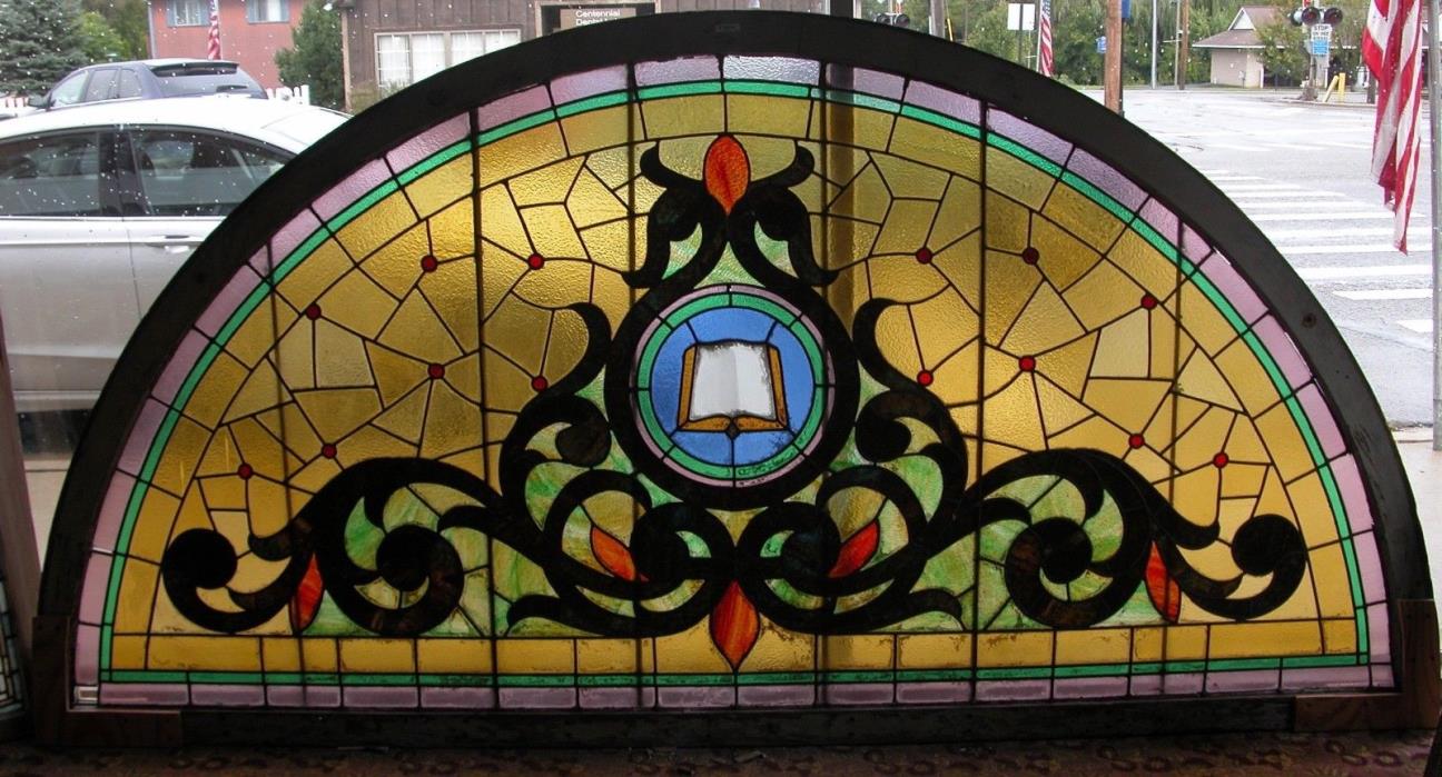 Giant Half Round Yellow Victorian Stained Glass Window Architectural Salvage
