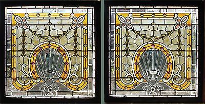 Pair of Antique American Stained/Beveled & JeweledGlass Windows