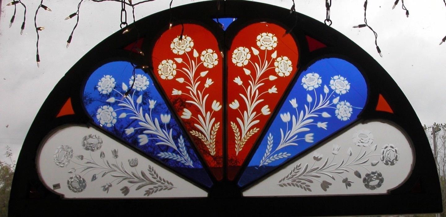 Arched Victorian Wheel Cut Flash Glass Stained Glass Window Rare 1880's