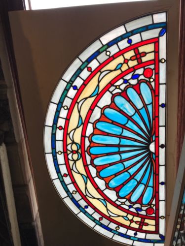 SG 2648 amazing antique arched jeweled Stainglass window 38 x 68.75