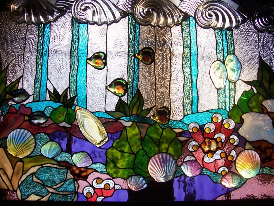 OCEAN UNDER THE SEA MODERN STAINED GLASS WINDOW 47 INCHES WIDE STURDY OAK FRAME
