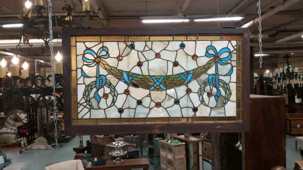 Vintage ANTIQUE STAINED GLASS 19th C WINDOW with Eighteen Jewels