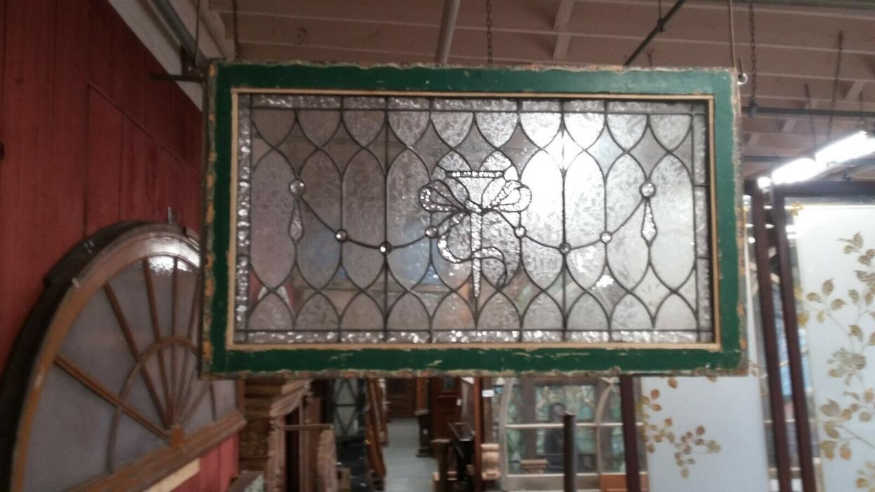 ANTIQUE Leaded STAINED GLASS 19th C Urn and Bow Motif WINDOW with Clear Jewels