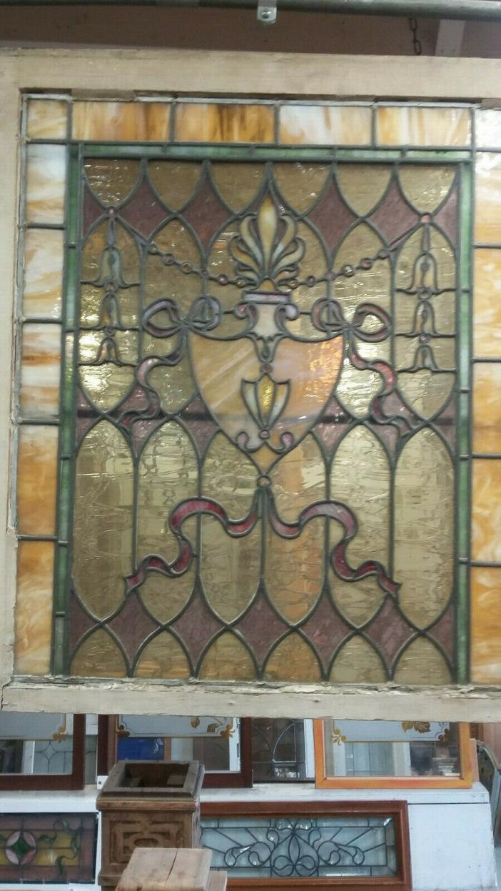 Vintage ANTIQUE STAINED GLASS 19th C WINDOW with Original Frame and Bowed Glass