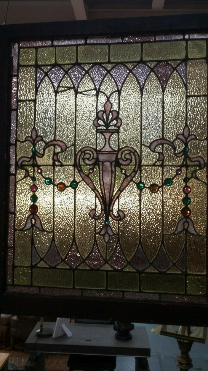 ANTIQUE Urn Motif STAINED GLASS Victorian 19th C WINDOW with Multi Color Jewels