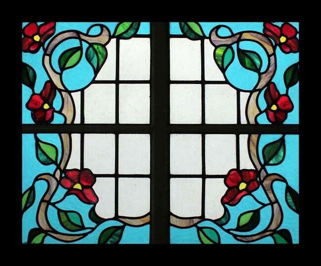 Rare Art Nouveau English Climbing Roses Antique Stained Glass Window