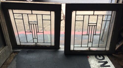 Great Pair Old Arts & Crafts Architectural Leaded Glass Windows Geometric