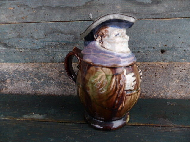 antique victorian majolica 19thc monk syrup pitcher creamer pewter lid