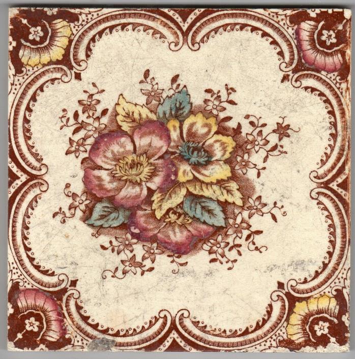 T & R Boote - c1903 -  Red & Amber Floral Design - Antique Edwardian Tile