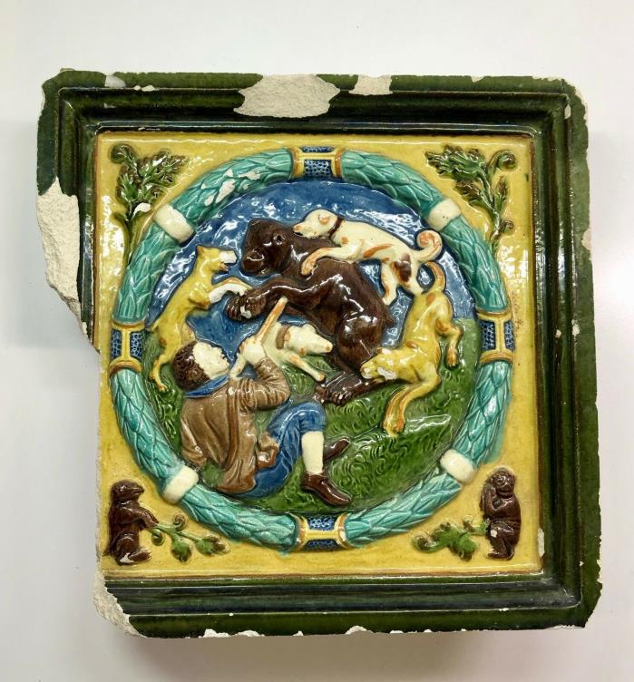 Large ANTIQUE MAJOLICA Pottery High Relief Glazed Tile - HUNTER DOGS 12