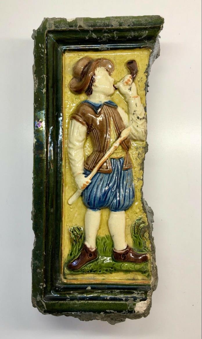 Large ANTIQUE MAJOLICA Pottery High Relief Glazed Tile - SHEPHERD 12