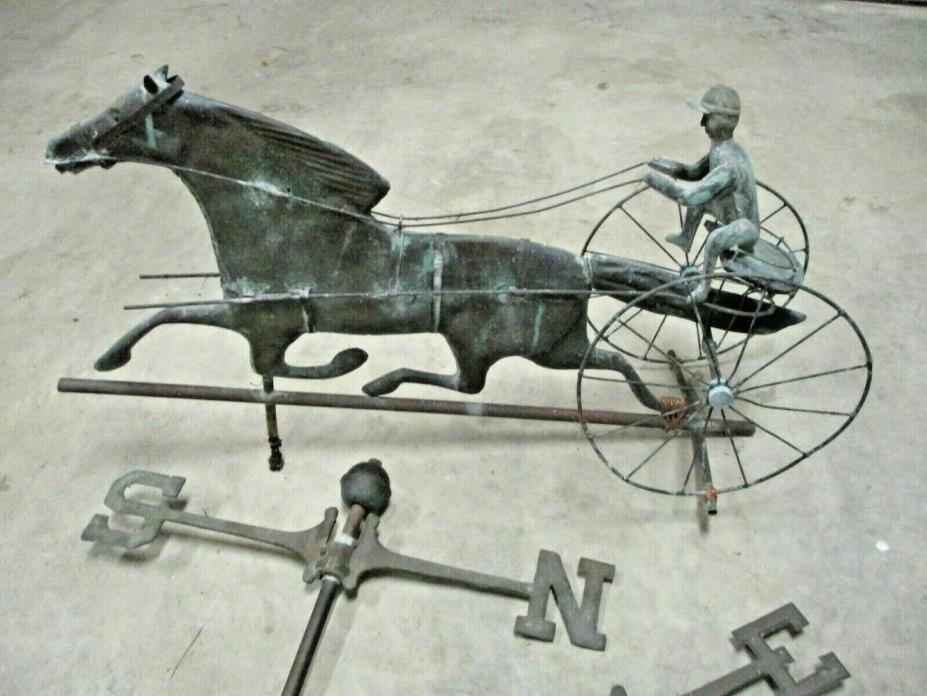 Antique Verdigris Copper Sulky Jockey Horse Weathervane W Directionals 34