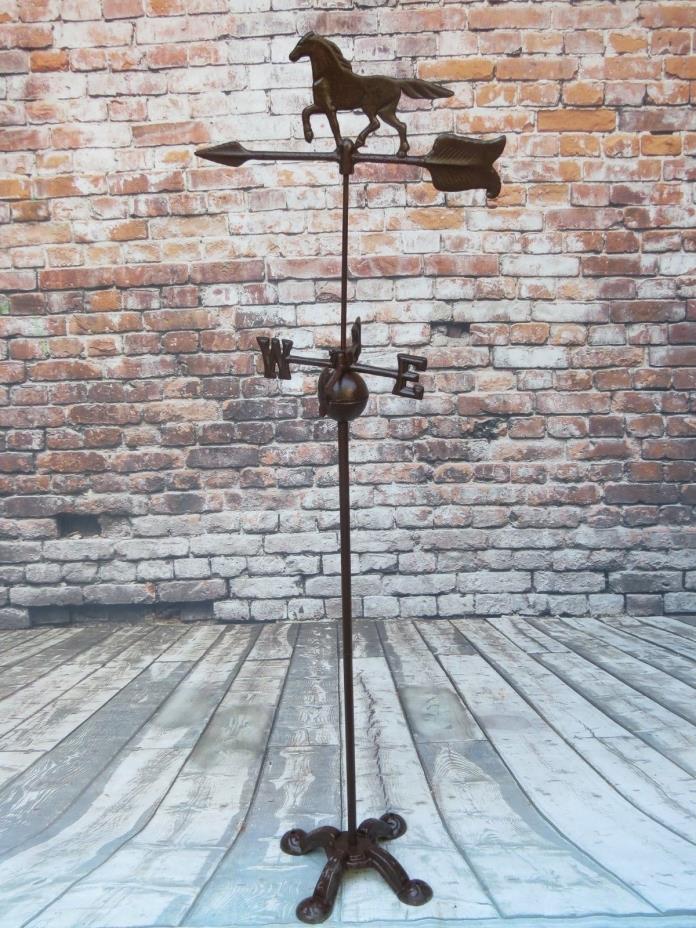 VINTAGE 4-1/2 FT TALL CAST IRON HORSE & ARROW WEATHERVANE ON CLAW FOOT STAND