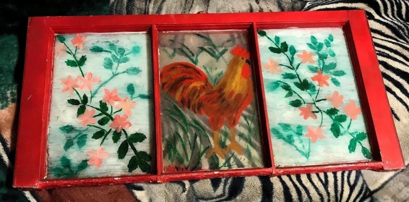vintage ROOSTER PAINTED art GLASS WINDOW PANES FRAME (32 X 16