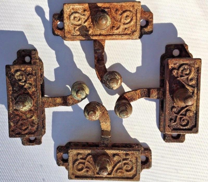 4  ANTIQUE EASTLAKE WINDOW SASH LOCKS LATCHES Steeple point Brass & Cast Iron