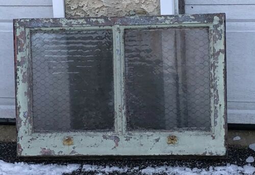 Antique Chicken Wire Window In Shabby Frame - Farmhouse Wavy Glass