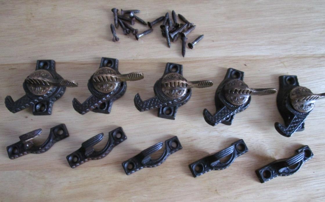 5 Antique Victorian Eagle-Claw Iron/Brass Window Sash Locks Pat.1894 by Ives